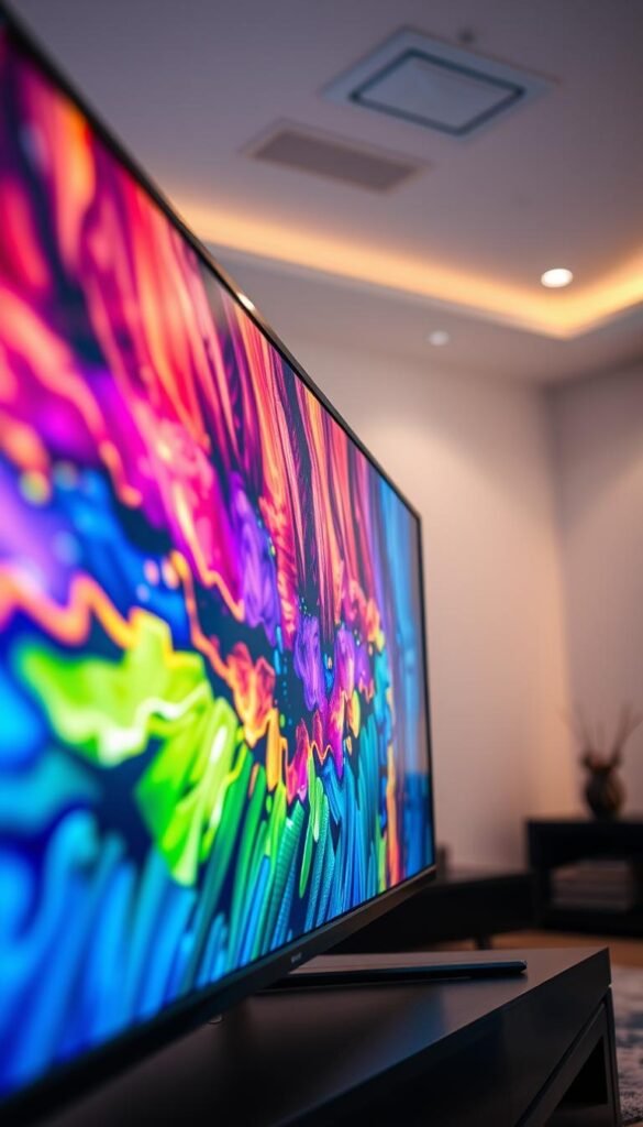 A close-up shot of a television screen displaying a high-quality IPTV streaming service provided by Hoxtoon Provider. The screen shows a vibrant, crisp image with vivid colors and sharp details. The lighting is soft and evenly distributed, creating a warm and inviting atmosphere. The camera angle is slightly tilted, giving the image a dynamic and engaging perspective. In the background, a minimalist living room setting with neutral tones and clean lines, emphasizing the focus on the streaming performance. The overall mood conveys a sense of entertainment, comfort, and technological sophistication.