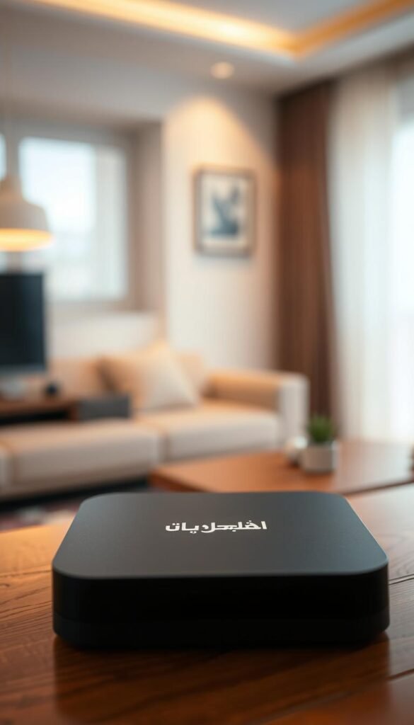 A close-up shot of an Arabic TV box with the Hoxtoon Provider logo prominently displayed on the front panel. The box is placed on a wooden surface, with a blurred background of a modern living room setting. Soft, warm lighting creates a cozy, inviting atmosphere. The box is sleek and minimalist in design, with clean lines and a dark, matte finish that complements the room's decor. The focus is on the Hoxtoon Provider branding, conveying the availability and accessibility of Arabic TV services in Germany.
