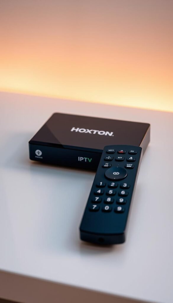 A close-up shot of an IPTV set-top box and remote control, showcasing the Hoxtoon Provider brand, set against a clean and modern background. The box features sleek, minimalist design with sharp edges and a glossy finish. The remote has intuitive button layout and a minimalist aesthetic. Soft, warm lighting illuminates the scene, creating a premium, high-tech feel. The image conveys the advanced, user-friendly nature of IPTV technology and its potential to revolutionize television viewing.