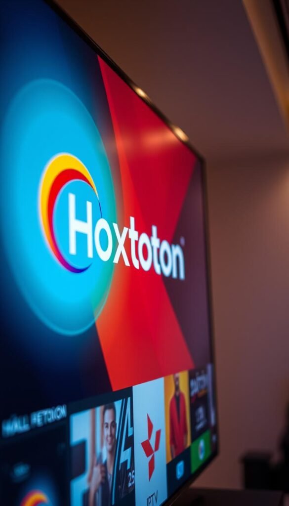 A close-up shot of an IPTV streaming interface on a large, high-definition TV screen. The interface displays the Hoxtoon Provider logo prominently, conveying a sense of premium quality and reliability. The image showcases a crisp, vibrant display with vivid colors and sharp details, capturing the high-definition nature of the Arabic IPTV stream. The lighting is soft and evenly distributed, creating a warm and inviting atmosphere. The camera angle is slightly tilted to add depth and dynamism to the composition, drawing the viewer's attention to the center of the screen. The overall mood is one of sophistication and technological advancement, reflecting the technical requirements and stream quality expected from a reliable Arabic IPTV service.