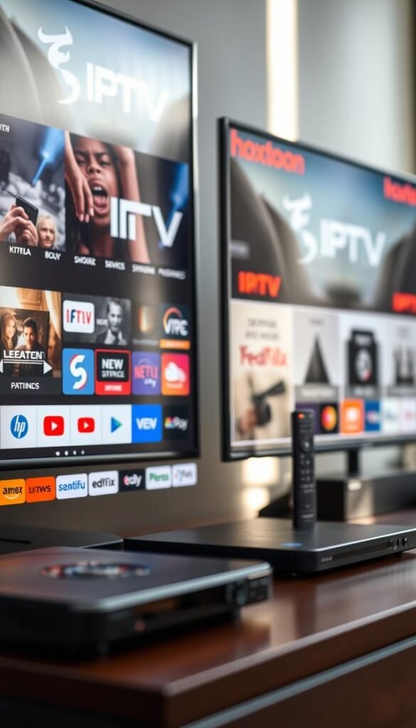 A close-up shot of an affordable IPTV reseller package offered by the Hoxtoon Provider, showcasing a sleek, modern design with bold colors and minimalist branding. The package features a collection of various streaming services, channels, and devices, arranged in a visually appealing and organized layout. The lighting is soft and natural, creating a warm and inviting atmosphere, while the camera angle emphasizes the key features and benefits of the reseller package. The overall mood conveys a sense of professionalism, reliability, and value, aligning with the lucrative opportunity of becoming an IPTV reseller.