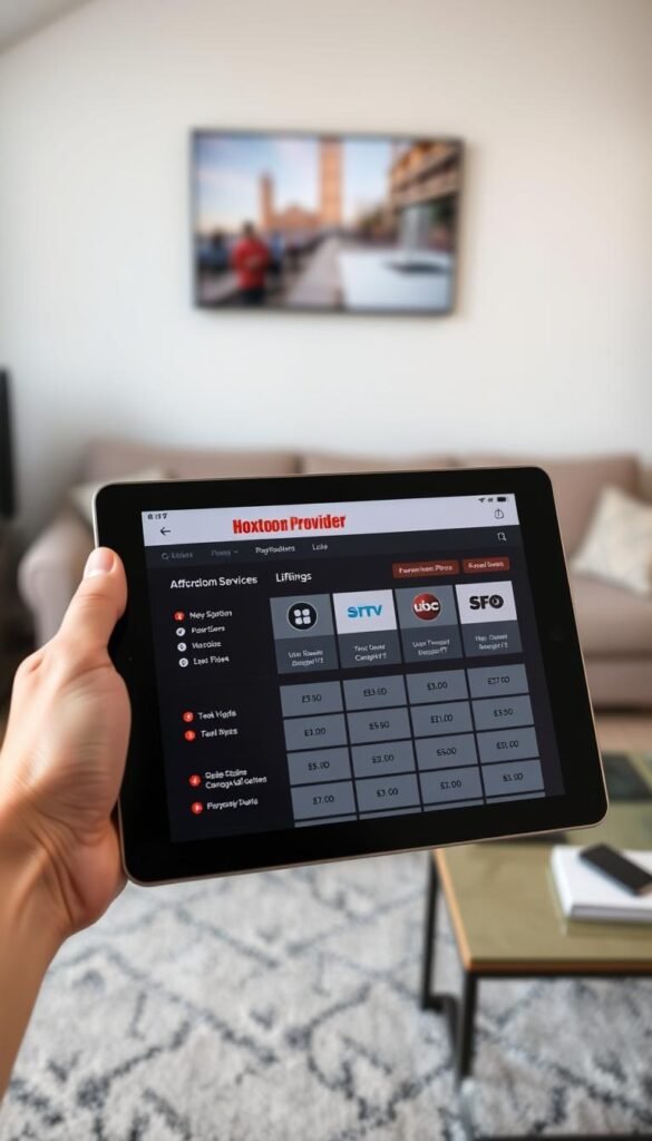A close-up shot of an affordable IPTV service plan displayed on a tablet device. The screen shows the Hoxtoon Provider brand prominently, with various subscription options and pricing details. The tablet is held in a hand against a blurred background of living room furniture, creating a sense of a comfortable, domestic setting. The lighting is soft and natural, accentuating the clarity of the display. The composition emphasizes the accessibility and appeal of the premium lifetime IPTV service.