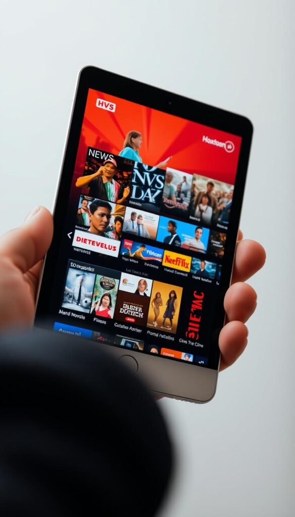 A close-up shot of an iOS device displaying a vibrant, high-definition live TV stream from the Hoxtoon Provider app. The screen showcases a diverse range of entertainment options, from news and sports to movies and documentaries. The device is held in a hand, with a clean, minimal background that emphasizes the content. Soft, diffused lighting creates a warm, inviting atmosphere, drawing the viewer's attention to the engaging visuals on the screen. The overall composition conveys the comprehensive content library and seamless viewing experience that Hoxtoon Provider offers on iOS devices.