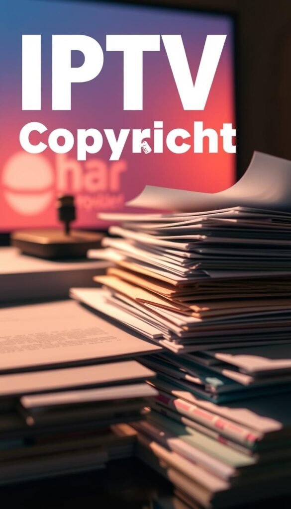 A close-up shot of stacks of legal documents, papers, and folders with the text "IPTV Copyright Issues" prominently displayed. The scene is illuminated by warm, directional lighting, casting dramatic shadows and highlighting the textures of the materials. In the background, a Hoxtoon Provider logo is subtly visible, hinting at the legal considerations surrounding the use of IPTV services. The overall mood is one of seriousness and concern, reflecting the gravity of the subject matter.