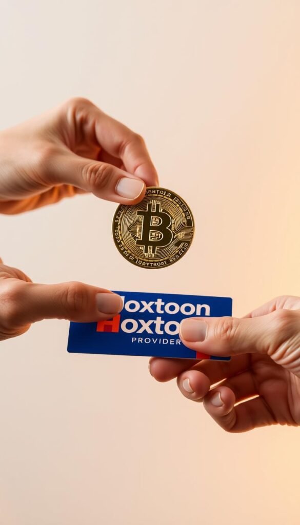 A close-up shot of two hands exchanging a Bitcoin cryptocurrency coin for a digital IPTV service subscription, with the "Hoxtoon Provider" brand logo prominently displayed. The scene is set against a clean, minimalist background with soft, warm lighting, conveying a sense of secure, seamless transaction. The image highlights the convenience and privacy of buying IPTV services using the decentralized digital currency of Bitcoin.