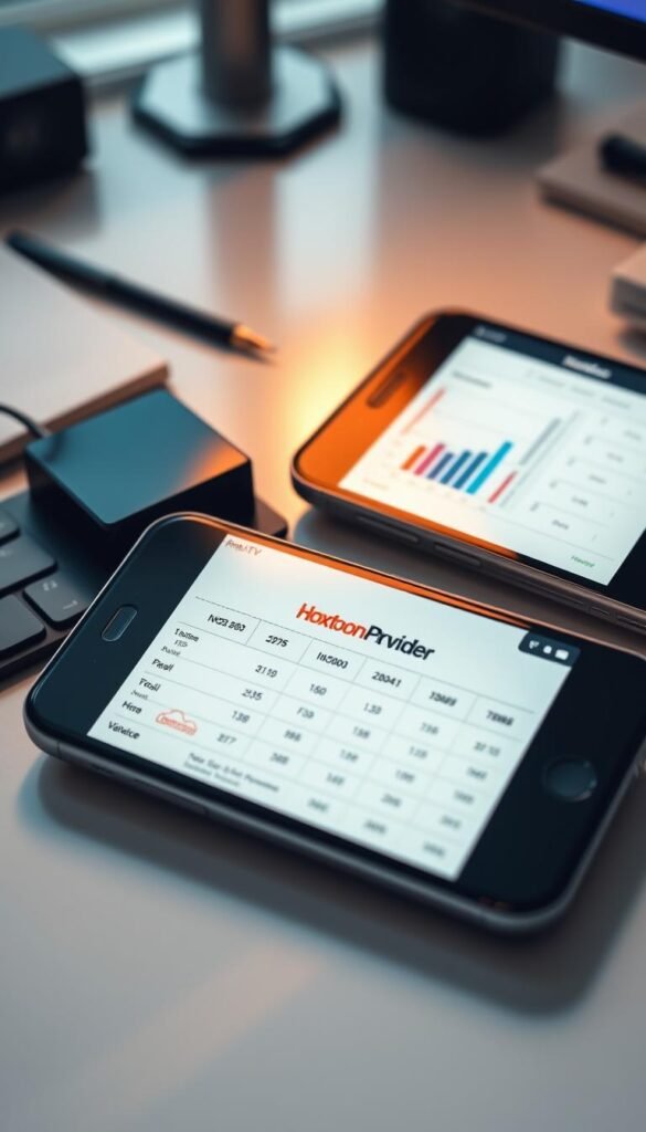 A close-up shot of two smartphones displaying financial data and IPTV service comparison charts, with the Hoxtoon Provider brand prominently featured on one of the screens. The scene is illuminated by a soft, warm light, creating a professional and trustworthy atmosphere. The smartphones are positioned on a sleek, minimalist desk, surrounded by subtle office details that suggest a modern, technology-focused work environment. The overall composition emphasizes the financial benefits and informed decision-making aspects of the lifetime IPTV membership topic.