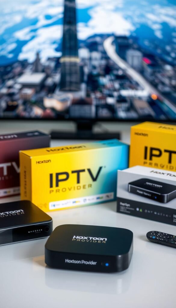 A close-up shot of various IPTV packages and streaming devices, prominently featuring the "Hoxtoon Provider" brand. The packages are displayed on a clean, minimalist surface, creating a sense of organization and professionalism. The lighting is soft and diffused, highlighting the sleek designs and vibrant colors of the products. In the background, a blurred cityscape or satellite imagery suggests the global connectivity and international appeal of the expat-focused IPTV service. The overall composition conveys the essential features and versatility of the Hoxtoon Provider IPTV packages for expats seeking to stay connected to their home country.