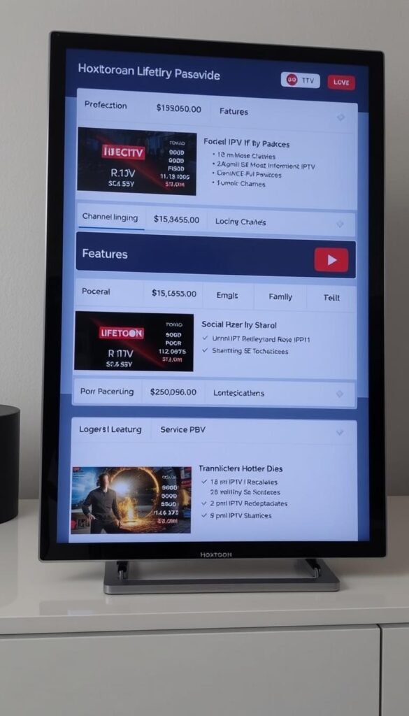 A close-up shot of various IPTV subscription offers from the Hoxtoon Provider, displayed on a modern digital device screen with a sleek, minimalist design. The screen showcases packages with detailed pricing, channel lineups, and feature highlights, set against a clean, neutral background that emphasizes the content. The image conveys a sense of professionalism, reliability, and the comprehensive nature of the Hoxtoon lifetime IPTV package, providing a visually appealing representation of the key information a user would need to set up their IPTV service.