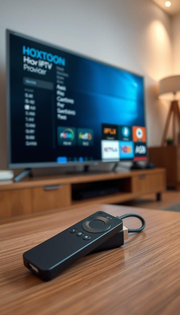A close-up view of a Firestick device connected to a TV, with the Hoxtoon Provider IPTV service interface prominently displayed on the screen. The Firestick is placed on a wooden surface, surrounded by a minimalist, modern living room setting with neutral-toned walls and soft lighting. The scene conveys a sense of simplicity and ease of use, highlighting the integration of IPTV technology with the popular Firestick streaming device.