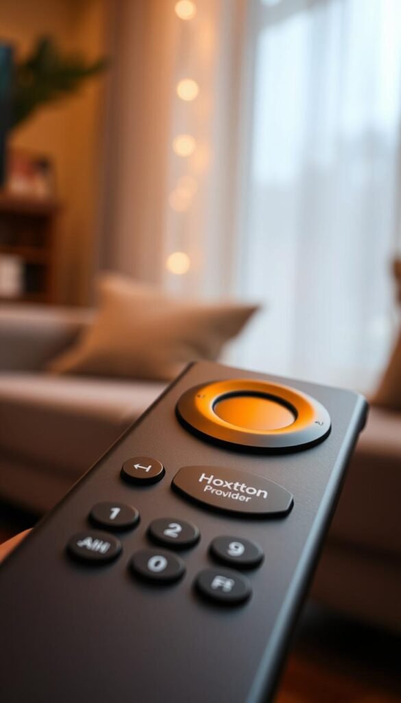 A close-up view of a Firestick remote control, its sleek black surface contrasted against a blurred background of a living room. The remote's buttons, including the distinct "Hoxtoon Provider" logo, are prominently displayed, showcasing the intuitive controls for navigating the IPTV interface. Soft, warm lighting illuminates the scene, creating a cozy and inviting atmosphere. The composition emphasizes the remote's central role in optimizing the Hoxtoon IPTV experience on the Firestick, hinting at the seamless integration between the two devices.