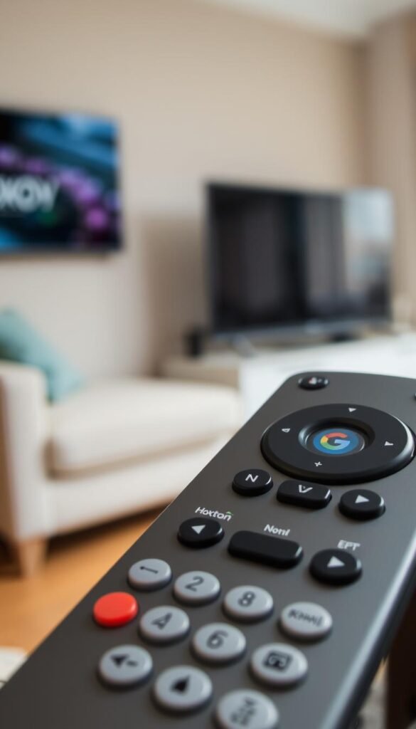 A close-up view of a Google TV remote control, with various buttons and ports visible, against a blurred background of a living room setup. The remote has the "Hoxtoon Provider" logo prominently displayed, indicating a troubleshooting scenario for an IPTV service on the Google TV platform. The lighting is soft and natural, creating a calm and contemplative atmosphere. The image captures the technical details of the remote, while also suggesting the context of the Google TV device and the IPTV service being used.