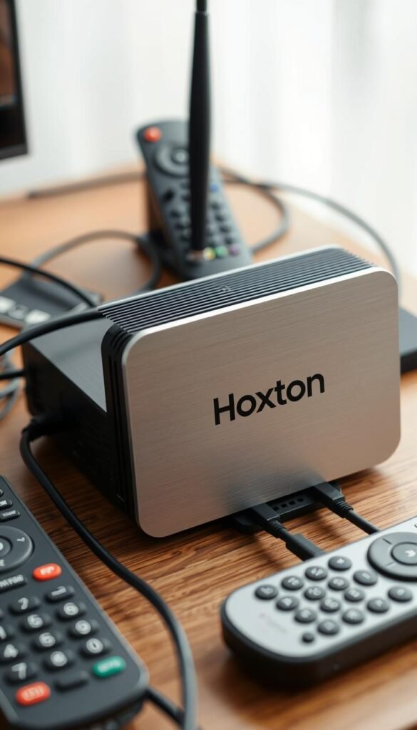 A close-up view of a contemporary Arabic IPTV box from the Hoxtoon Provider, sitting on a wooden surface. The device has a sleek, rectangular design with a metallic finish and prominently displays the Hoxtoon logo. The box is flanked by remote controls and connected to various cables, creating a neat, organized setup. The lighting is soft and natural, highlighting the textures and details of the hardware. The background is slightly blurred, keeping the focus on the IPTV box and its associated components, conveying a sense of professionalism and functionality.