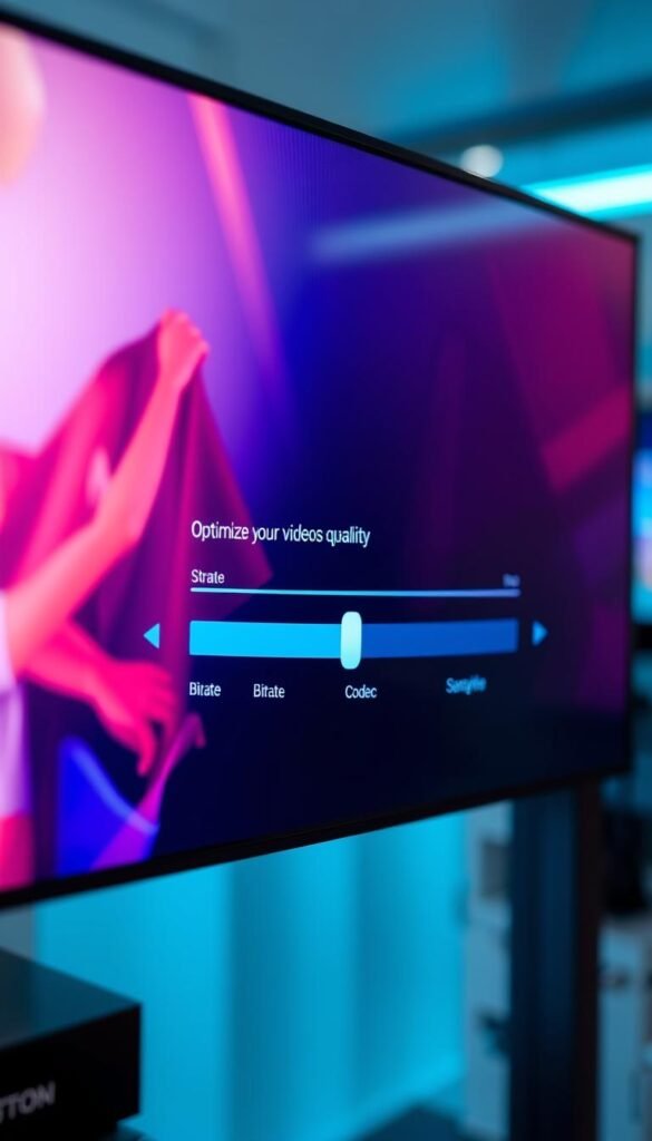 A close-up view of a digital display showcasing the Hoxtoon Provider IPTV service, with a focus on a slider interface optimizing video streaming quality settings. The foreground features vibrant, high-definition visuals and smooth animations, highlighting the customizable bitrate, resolution, and codec options. The middle ground depicts a minimalist, sleek user interface with an intuitive layout, allowing the user to effortlessly fine-tune their IPTV premium lifetime experience. The background subtly accentuates a technologically advanced, futuristic ambiance, conveying the reliable and cutting-edge nature of the Hoxtoon Provider platform.