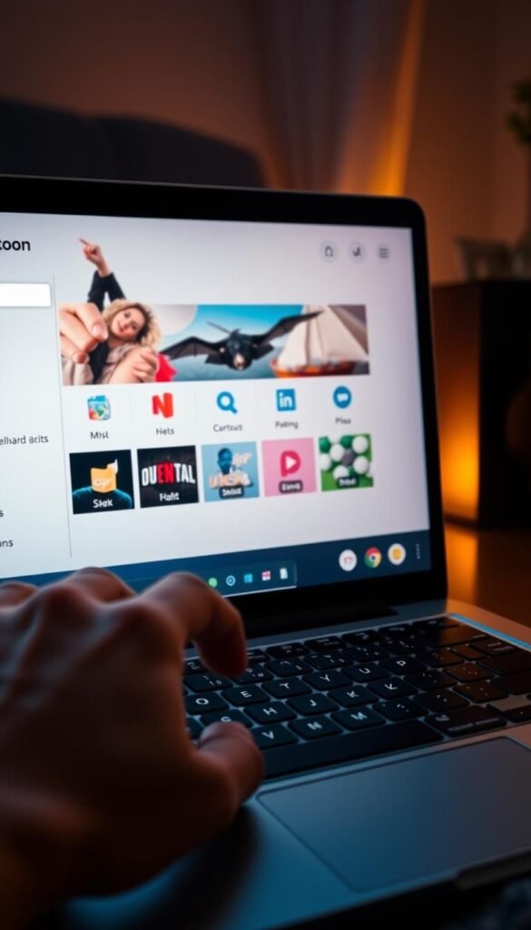 A close-up view of a laptop display showing the Hoxtoon Provider IPTV streaming service interface. The screen is bathed in a soft, warm lighting, creating a cozy and inviting atmosphere. The layout is clean and intuitive, with clear categories and icons guiding the user through the various content options. In the foreground, a hand is reaching towards the laptop, suggesting the ease of accessing and navigating the Hoxtoon platform. The background is slightly blurred, emphasizing the focal point of the Hoxtoon interface. The overall impression is one of simplicity, user-friendliness, and the convenience of IPTV streaming.