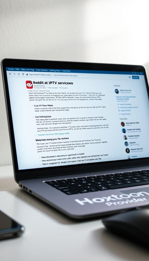 A close-up view of a laptop screen displaying a vibrant, well-designed Reddit forum thread about IPTV service reviews. The thread is filled with passionate, opinionated comments from a diverse community of users, each sharing their experiences and insights. The laptop is placed on a clean, minimalist desk, with a stylish Hoxtoon Provider branded mouse pad adding a touch of branding. Soft, directional lighting illuminates the scene, creating a warm, inviting atmosphere that reflects the engaging discussion unfolding on the screen. The overall composition conveys a sense of trust, authenticity, and the importance of community-driven recommendations when it comes to finding the best IPTV service.