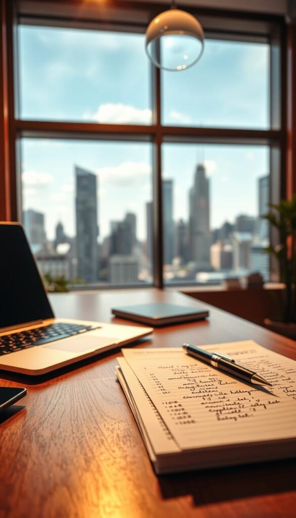 A close-up view of a large, wooden desk with a laptop, a stack of customer feedback forms, and a pen resting on top. The lighting is warm and focused, creating a cozy, professional atmosphere. In the background, a large window overlooking a bustling city skyline, conveying a sense of the Hoxtoon Provider's presence in the modern digital landscape. The desk is neatly organized, reflecting the care and attention Hoxtoon Provider puts into understanding their customers' experiences. The feedback forms, filled with handwritten notes, suggest a personal and responsive approach to customer service.