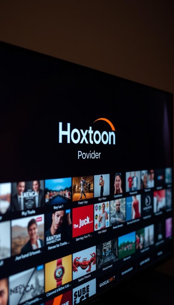 A close-up view of a modern IPTV channel lineup on a high-resolution digital display, showcasing a sleek and intuitive user interface. The screen is bathed in a soft, warm lighting, creating a premium and immersive atmosphere. In the center, the Hoxtoon Provider logo is prominently displayed, surrounded by a grid of channel thumbnails and descriptions. The channels are organized by categories, allowing for easy navigation. The overall composition is balanced and visually appealing, drawing the viewer's attention to the comprehensive IPTV offering from Hoxtoon.