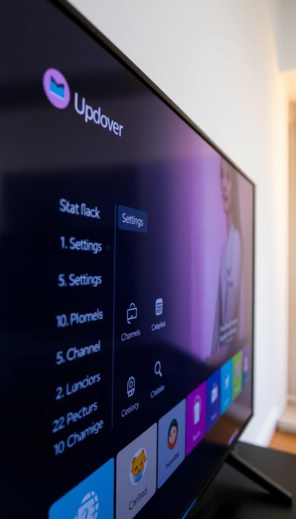 A close-up view of a modern IPTV interface, showcasing the Hoxtoon Provider customization options. The screen displays a sleek, user-friendly layout with various menu options, such as channel selection, settings, and user profiles. The interface has a minimalist design with clean lines, vibrant colors, and intuitive icons, allowing for easy navigation. The background is slightly blurred, creating a sense of depth and focus on the customization features. The lighting is soft and diffused, creating a warm and inviting atmosphere. The camera angle is slightly angled, providing a dynamic and engaging perspective.