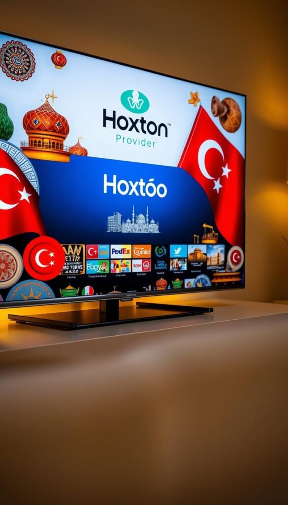 A close-up view of a modern TV set displaying the Hoxtoon Provider logo, surrounded by Turkish cultural icons such as a Turkish flag, traditional Ottoman-style patterns, and images of Turkish landmarks. The screen shows a vibrant and diverse selection of Turkish TV channels, reflecting the rich cultural heritage and entertainment options available to the Turkish diaspora in the USA through a reliable IPTV service. The scene is bathed in warm, inviting lighting, creating a sense of comfort and familiarity, emphasizing the importance of staying connected to one's roots while living abroad.