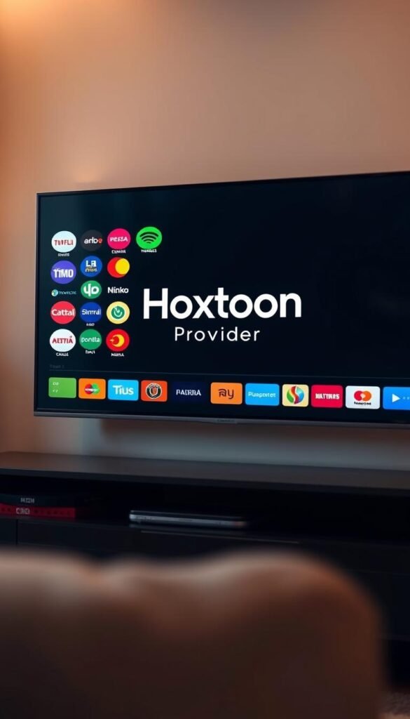 A close-up view of a modern flat-screen television displaying the "Hoxtoon Provider" logo, surrounded by a sleek, minimalist entertainment system setup. The television's screen showcases a vibrant, diverse array of Turkish channel logos, hinting at the extensive selection available through the subscription service. The scene is bathed in warm, diffused lighting, creating a cozy and inviting atmosphere. The composition emphasizes the television as the focal point, with the background gradually fading into soft, blurred tones to draw the viewer's attention. The overall impression conveys a sense of high-quality, reliable access to a vast collection of Turkish television programming.