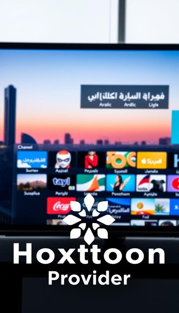 A close-up view of a modern, minimalist TV interface displaying a 24/7 live stream of Arabic-language channels. The screen is crisp and vibrant, with a sleek, black frame. In the foreground, the "Hoxtoon Provider" logo is prominently displayed, conveying a sense of premium quality and reliability. The background features a softly blurred cityscape, hinting at the global reach and accessibility of the IPTV service. The overall mood is one of high-tech sophistication and seamless, on-demand entertainment.