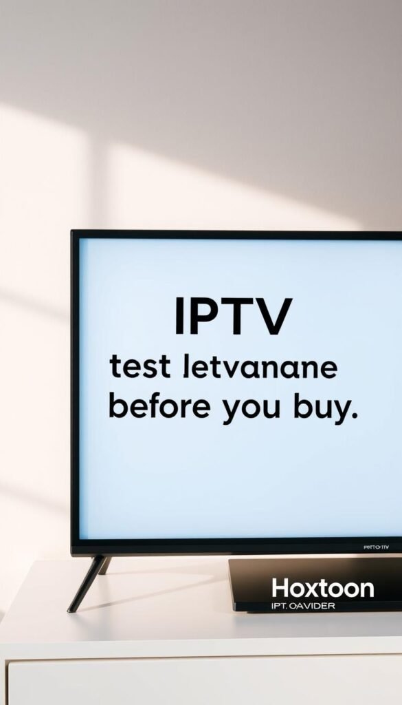 A close-up view of a modern television set displaying the "IPTV test before you buy" message. The screen is sharp and vibrant, with a clean, minimalist design. The television is placed on a sleek, minimalist wooden or glass table, creating a sophisticated and contemporary atmosphere. Soft, diffused lighting illuminates the scene, casting gentle shadows and highlights. The Hoxtoon Provider logo is prominently displayed in the bottom right corner of the screen, indicating the availability of this IPTV service. The overall impression is one of a high-quality, reliable IPTV service that invites the viewer to test and experience its capabilities before committing to a subscription.