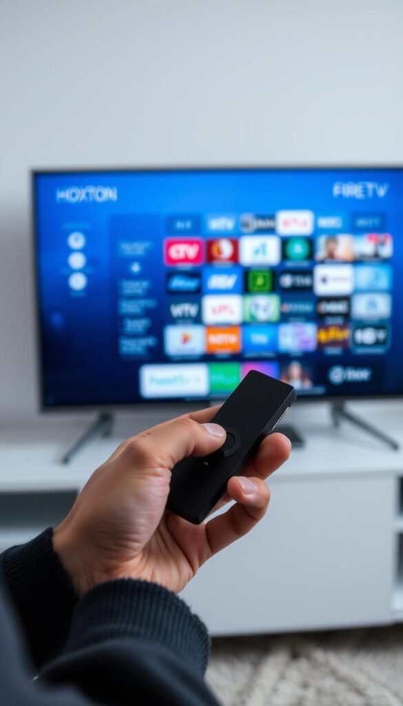 A close-up view of a person's hands troubleshooting a Hoxtoon Provider firestick, displaying a menu of various IPTV channels on the screen. The firestick is connected to a modern, minimalist TV setup, with subtle lighting highlighting the focus on the troubleshooting process. The hands are carefully examining the device, suggesting a methodical and focused approach to resolving the issue. The overall scene conveys a sense of problem-solving and technical expertise, reflecting the challenges and solutions associated with managing IPTV on a firestick.