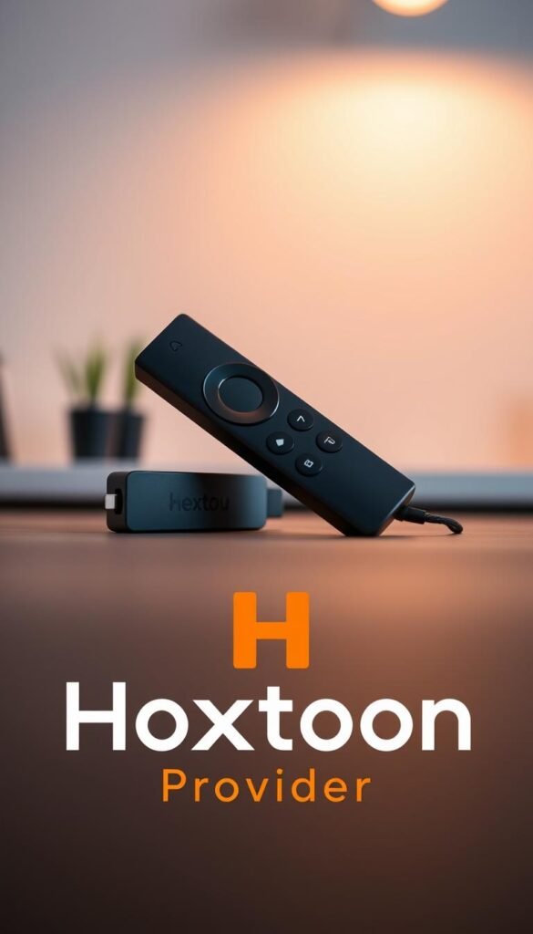 A close-up view of a sleek, black Firestick device prominently displayed against a modern, minimalist background. The device is illuminated by soft, warm lighting, casting a gentle glow on the surrounding space. In the foreground, a stylized "Hoxtoon Provider" logo is prominently featured, hinting at the high-quality IPTV services available for the Firestick. The composition emphasizes the simplicity and elegance of the Firestick hardware, while subtly suggesting the power and reliability of the Hoxtoon IPTV platform. The overall tone is one of sophistication, technology, and the promise of a seamless streaming experience.