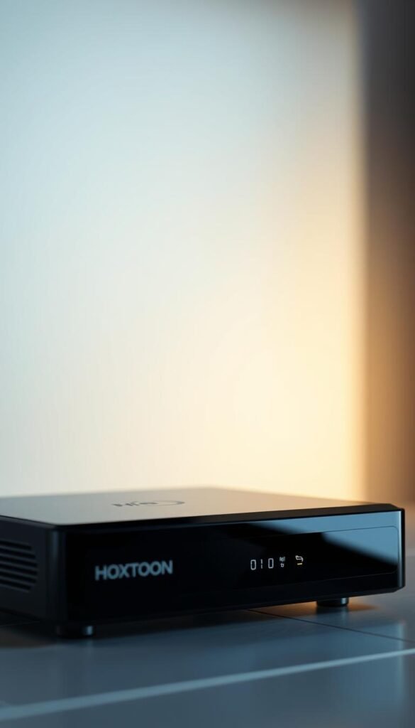A close-up view of a sleek, modern IPTV receiver box by the Hoxtoon Provider brand, set against a minimalist, well-lit backdrop. The receiver features a glossy black finish, clean lines, and a subtle LED indicator light. The front panel showcases a simple, user-friendly interface with intuitive controls. The image conveys a sense of high-quality, reliable technology that would appeal to the sophisticated IPTV user seeking a seamless viewing experience. The lighting is soft and diffused, highlighting the receiver's premium design and attention to detail.