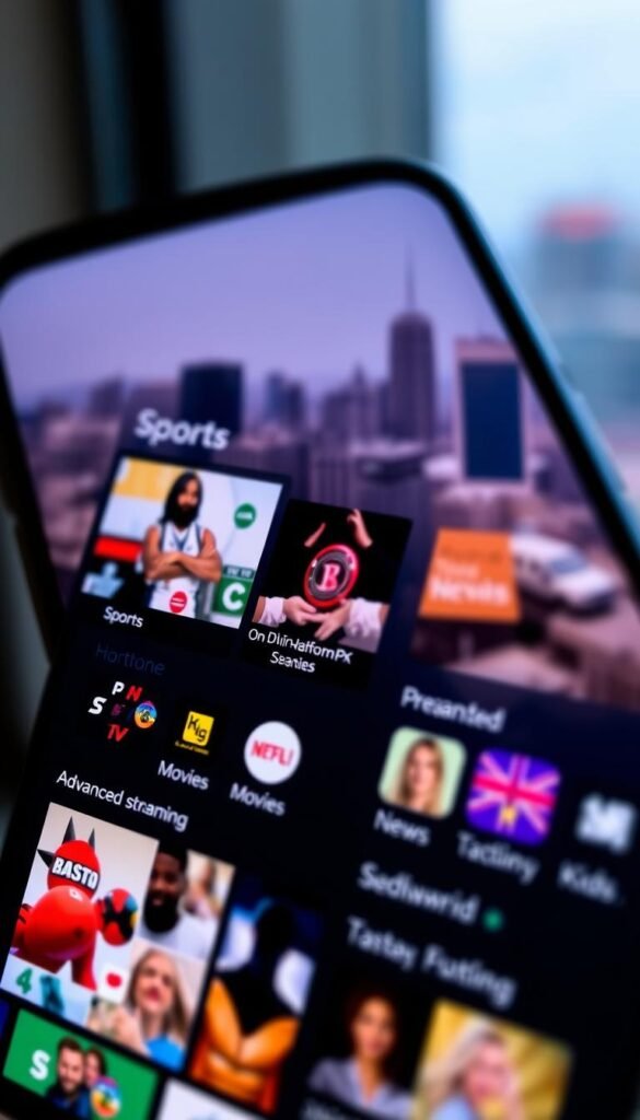 A close-up view of a smartphone display showcasing the advanced features of the "Hoxtoon Provider" IPTV Lifetime APK. The screen exhibits a sleek, modern interface with vibrant colors and intuitive icons. In the foreground, a selection of popular live TV channels, on-demand content, and advanced streaming options are prominently displayed. The middle ground features a clean navigation menu with categories like "Sports", "Movies", "News", and "Kids", allowing for seamless content discovery. The background subtly depicts a blurred cityscape, conveying a sense of urban connectivity and the global reach of the IPTV service. The lighting is soft and diffused, creating a visually appealing and inviting atmosphere. The overall scene showcases the comprehensive features and user-friendly experience of the "Hoxtoon Provider" IPTV Lifetime APK.