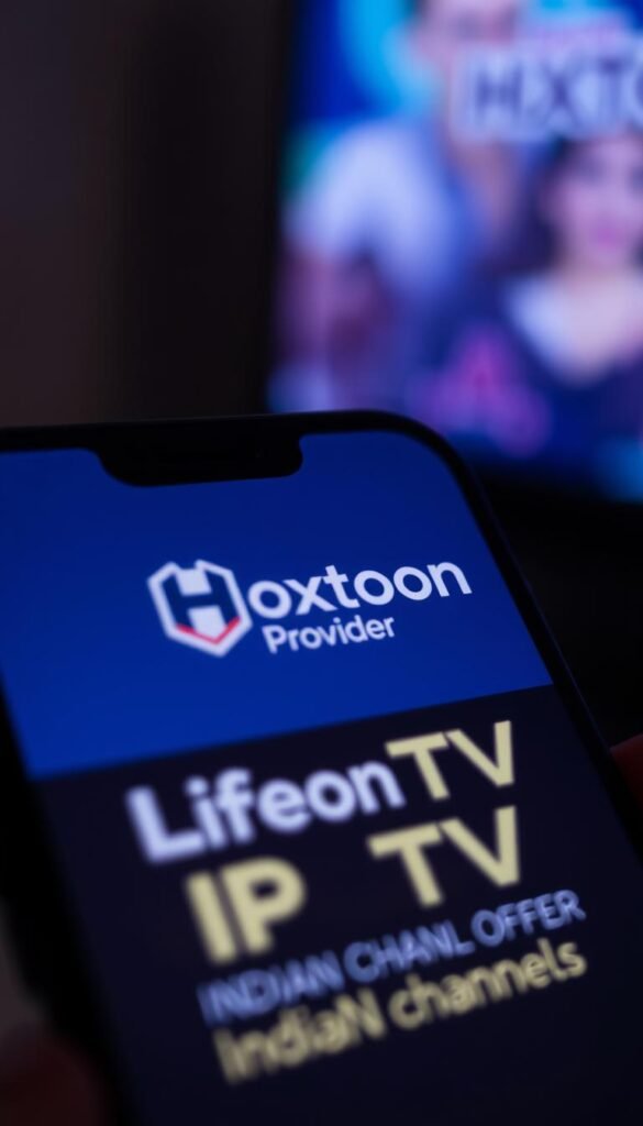 A close-up view of a smartphone screen displaying the "Hoxtoon Provider" logo, showcasing a lifetime IPTV offer for Indian channels. The screen is set against a blurred background, conveying a sense of focus and clarity on the offer. The lighting is soft and diffused, creating a warm and inviting atmosphere. The camera angle is slightly tilted, adding a dynamic and engaging perspective to the image.
