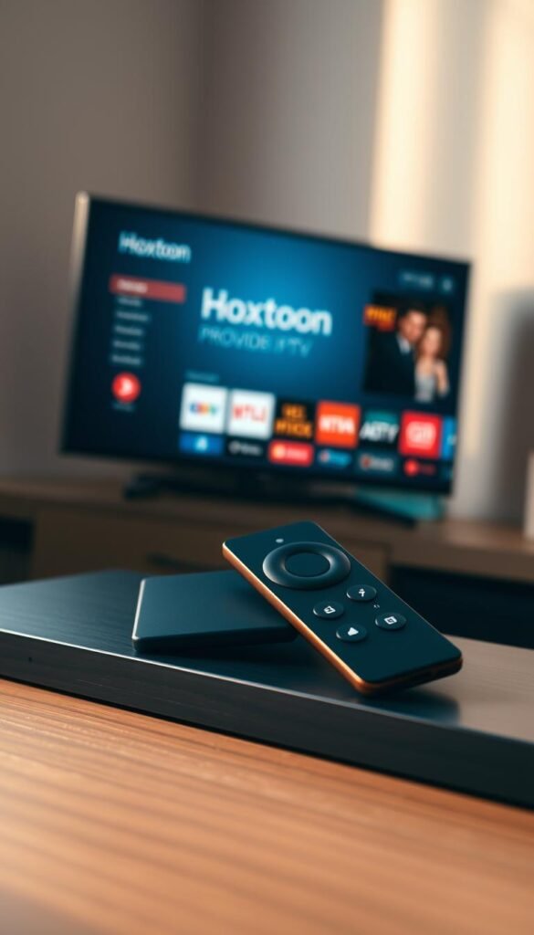 A close-up view of an Amazon Fire TV device, prominently displaying the Hoxtoon Provider IPTV app interface on its screen. The device is resting on a sleek, minimalist wooden surface, illuminated by soft, natural lighting that casts a warm, inviting glow. The background is blurred, creating a sense of depth and focus on the central subject. The overall composition conveys a sense of modern, technology-driven entertainment, with the Hoxtoon Provider app seamlessly integrated into the Fire TV experience.