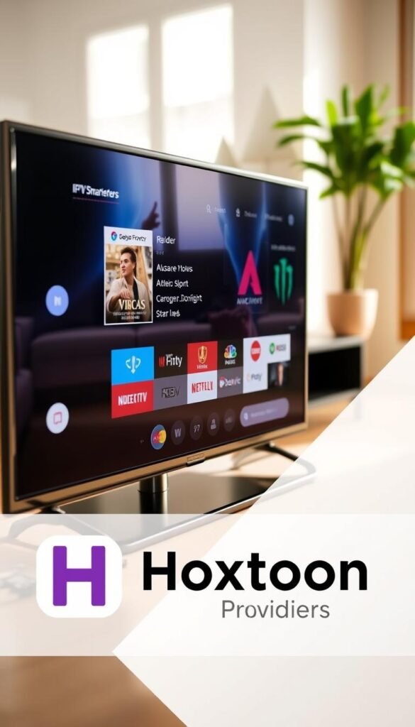 A close-up view of an Android TV device screen displaying the user interface of the IPTV Smarters Pro app. The app's sleek and intuitive design is prominently featured, showcasing its versatility in handling various IPTV formats. The screen is illuminated by soft, natural lighting, creating a warm and inviting atmosphere. In the background, a blurred view of the living room setting suggests the app's suitability for home entertainment. The Hoxtoon Provider logo is subtly displayed in the corner, indicating the app's compatibility with this IPTV service.