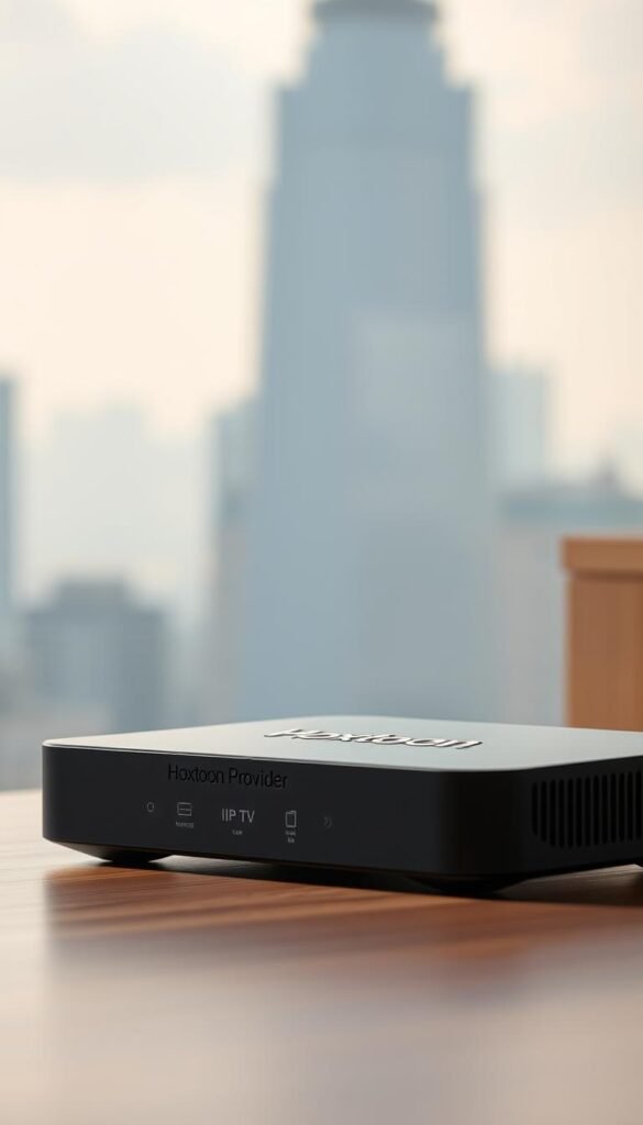 A close-up view of an IPTV box with the Hoxtoon Provider logo prominently displayed on the front panel. The box is positioned on a clean, minimalist wooden surface, bathed in soft, directional lighting that accentuates its sleek, modern design. In the background, a hazy, out-of-focus cityscape scene suggests the global connectivity and limitless content access enabled by the lifetime subscription. The overall mood is one of simplicity, sophistication, and the enduring value of a lifetime commitment to this IPTV service.