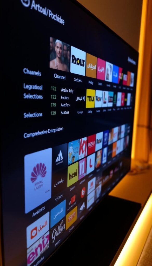 A close-up view of an affordable IPTV package from the Hoxtoon Provider, showcasing a variety of Arabic TV channels on a sleek, dark-themed interface. The display features detailed pricing information, highlighting the value proposition and emphasizing the comprehensive channel selection. The scene is illuminated by warm, soft lighting, creating a welcoming and inviting atmosphere. The layout is clean and visually appealing, with intuitive icons and a modern, minimalist design. The overall impression conveys a sense of accessibility and affordability for Middle Eastern entertainment enthusiasts.