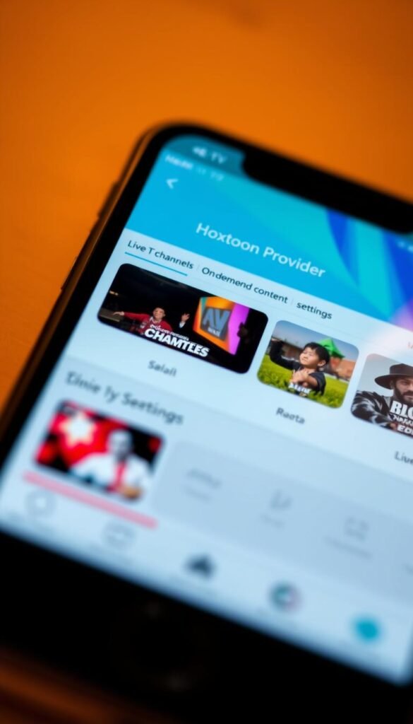 A close-up view of an iPhone screen displaying the sleek and intuitive user interface of the Hoxtoon Provider IPTV service. The screen showcases a selection of live TV channels, on-demand content, and customizable settings, all optimized for seamless viewing on the mobile device. The interface features a clean, modern design with vibrant colors and intuitive navigation, highlighting the essential features that make Hoxtoon Provider an ideal IPTV solution for iPhone users. The image is captured under warm, diffused lighting, creating a cozy and inviting atmosphere, and shot at a slight angle to emphasize the device's premium aesthetics.