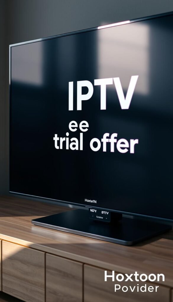 A close-up, well-lit, photorealistic image of a modern flat-screen TV displaying the "IPTV free trial offer" text prominently on the screen. The TV is placed on a clean, minimalist wooden media console, with a Hoxtoon Provider logo visible in the bottom corner. The lighting is soft and natural, creating a warm, inviting atmosphere. The image is captured from a slightly low angle, giving a sense of prominence and importance to the TV and the offer. The background is slightly blurred, keeping the focus on the TV and the trial offer.