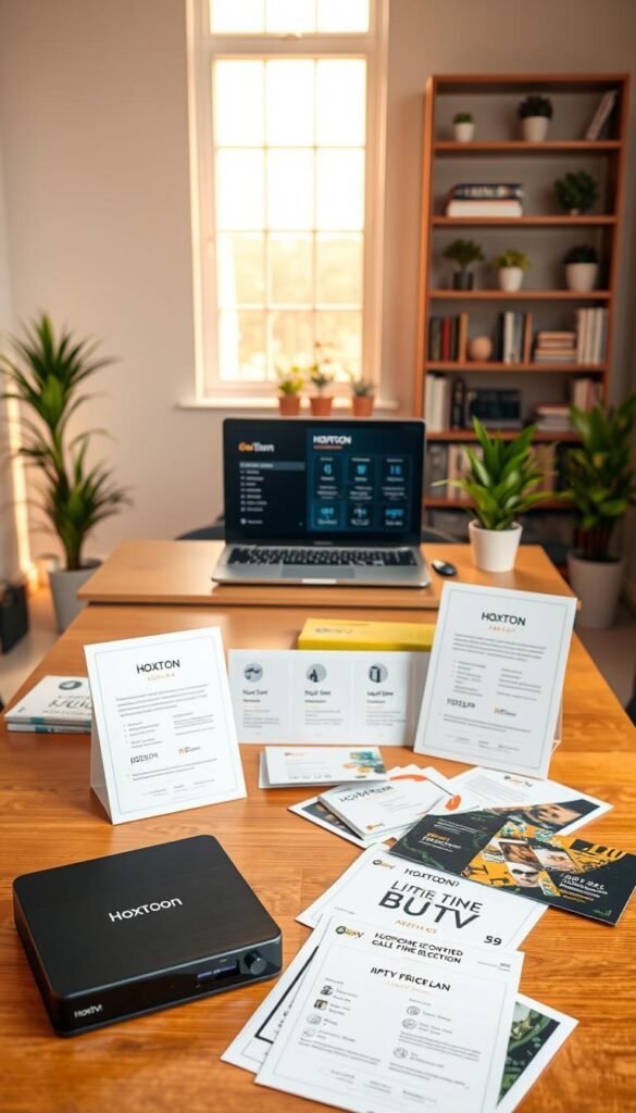 A comprehensive, high-quality image of the "Arabic IPTV Box Lifetime Pricing Plans" by the Hoxtoon Provider. Set in a clean, minimalist office environment with warm, natural lighting from a large window. The foreground displays a sleek, black IPTV box on a wooden desk, surrounded by various pricing plan documents and brochures. The middle ground showcases a laptop displaying the Hoxtoon Provider website, highlighting the lifetime subscription options. The background features a stylish bookshelf and potted plants, creating a professional and trustworthy atmosphere. The overall mood conveys a sense of reliability, affordability, and customer-centric service.