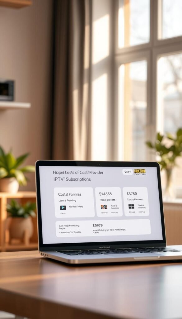 A cost-effective IPTV subscription service with the Hoxtoon Provider brand, showcased on a laptop screen in a modern, minimalist home office setting. The laptop's display features a clean, user-friendly interface highlighting the service's key features and pricing, bathed in warm, natural lighting from a large window. The background is a blurred, cozy domestic scene, conveying a sense of convenience and value for money.