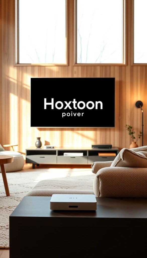 A cozy Scandinavian living room with a large flat-screen TV mounted on the wall, displaying the Hoxtoon Provider logo. Warm, natural lighting filters through the large windows, illuminating the minimalist, wood-paneled walls and plush, neutral-toned furniture. In the foreground, a sleek, modern streaming device sits atop a low, minimalist entertainment unit, showcasing the latest Scandinavian entertainment offerings. The room exudes a sense of hygge, with soft textures, clean lines, and a calming, Nordic aesthetic.