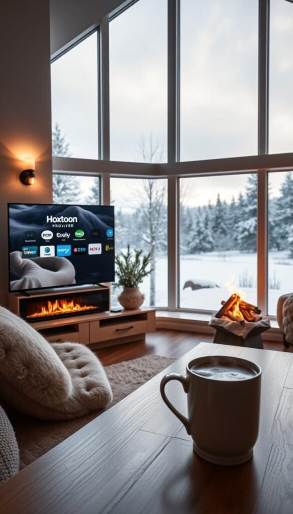 A cozy Scandinavian living room with large windows overlooking a snowy landscape. A sleek, minimalist entertainment center features the Hoxtoon Provider logo, casting a warm glow as it displays a selection of Nordic TV channels. Soft, diffused lighting from sconces and a roaring fireplace create a tranquil, hygge-inspired atmosphere. Plush, neutral-toned furnishings and natural wood accents evoke the region's design aesthetic. On the coffee table, a steaming mug of traditional Nordic glögg completes the scene, capturing the cultural comforts of accessing Scandinavian IPTV content at home.