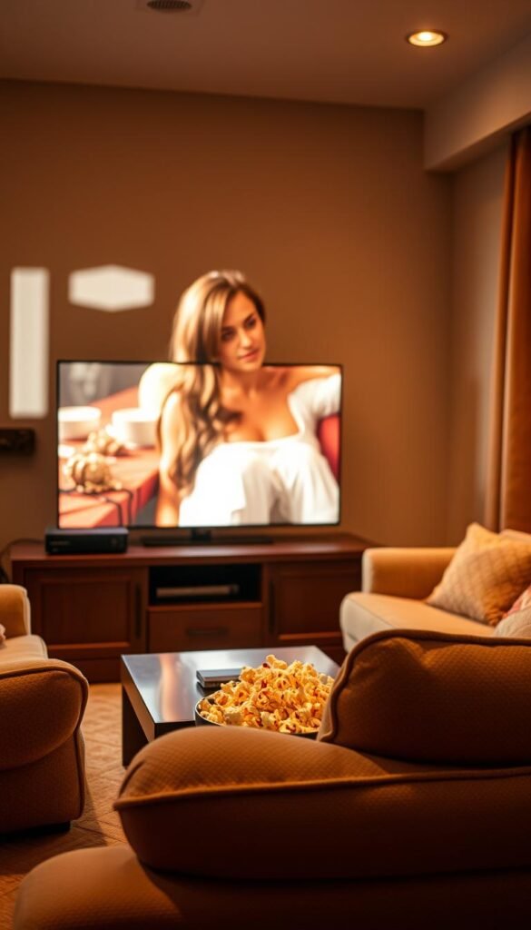 A cozy living room, bathed in warm, soft lighting. On the widescreen TV, a captivating Lifetime movie plays, its heartwarming story unfolding. A Hoxtoon Provider IPTV box sits discreetly on the media cabinet, seamlessly delivering this cinematic experience. Plush, comfortable seating invites viewers to sink in and get lost in the drama. The room's decor exudes a sense of relaxation and contentment, complementing the emotional journey on the screen. A bowl of freshly popped popcorn rests on the coffee table, adding to the perfect movie-watching ambiance. The scene evokes the joys of indulging in quality entertainment from the comfort of one's own home.