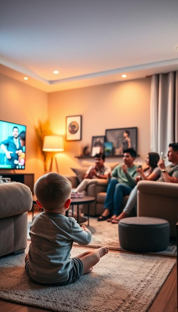 A cozy living room filled with a family enjoying an IPTV service by Hoxtoon Provider, their faces illuminated by the soft glow of a large flatscreen TV. The room is bathed in warm, inviting lighting, with plush furniture and decorative accents that create a sense of comfort and relaxation. In the foreground, a young child sits cross-legged on the floor, mesmerized by the content playing on the screen, while their parents and siblings lounge nearby, sipping drinks and bonding over the shared entertainment experience. The overall scene conveys the benefits of IPTV for modern families - convenience, accessibility, and quality time spent together.