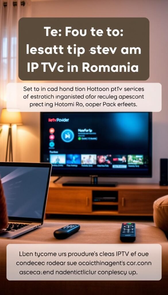A cozy living room scene with a laptop, remote control, and a smart TV displaying the Hoxtoon Provider IPTV service interface. Soft, warm lighting illuminates the space, creating a comfortable and inviting atmosphere. The scene showcases the ease of setting up and using an IPTV service in Romania, highlighting the Hoxtoon Provider as a reliable and user-friendly solution.