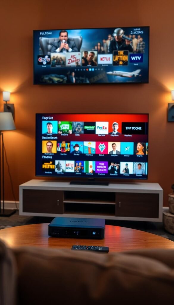 A cozy living room scene with a large flat-screen TV displaying a vibrant array of IPTV channels, showcasing the diverse entertainment options available to expats. The TV is placed on a modern minimalist TV stand, against a warm-toned accent wall. Soft lighting from a floor lamp and wall sconces creates a inviting, homely atmosphere. On a coffee table in the foreground, a Hoxtoon Provider set-top box and remote control are placed, hinting at the seamless connectivity this IPTV service provides. The room is furnished with plush, comfortable seating, creating a space where expats can unwind and feel connected to the comforts of home.