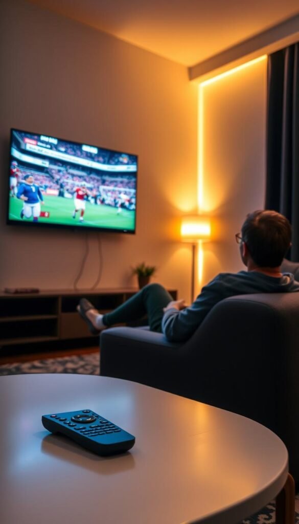 A cozy living room scene with a person comfortably watching a large flat-screen TV mounted on the wall. The TV screen displays a crystal-clear, high-definition image of a live sports event, with no visible buffering or interruptions. The room is illuminated by warm, ambient lighting, creating a relaxed and inviting atmosphere. In the foreground, a modern, sleek remote control rests on a minimalist coffee table, hinting at the user-friendly technology powering the Hoxtoon Provider IPTV service. The overall impression conveys a seamless, enjoyable IPTV experience with no buffering issues.
