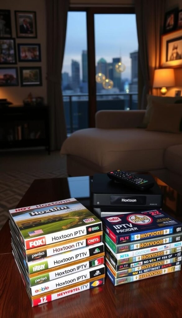 A cozy living room setting, dimly lit with warm, ambient lighting. On the coffee table, a sleek black set-top box and remote control, labeled "Hoxtoon Provider", signifying a premium IPTV service. Beside it, several neatly stacked IPTV subscription packages, their colorful logos and packaging prominently displayed, showcasing the wide range of American channels available. The walls are adorned with framed landscapes and sports memorabilia, creating a homely, all-American atmosphere. Through the window, the city skyline is visible, hinting at the diverse content accessible through the Hoxtoon IPTV service. The overall scene conveys the convenience and comprehensive offering of this leading IPTV provider in the USA.