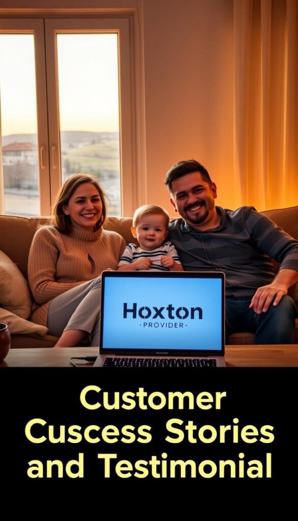 A cozy living room setting, with a family of three - a mother, father, and young child - seated comfortably on a plush sofa, their faces beaming with satisfaction. The room is bathed in warm, soft lighting, creating an inviting and intimate atmosphere. On the coffee table in front of them, a laptop displays the Hoxtoon Provider logo, indicating their successful IPTV Portugal experience. Through the window, a picturesque view of the Portuguese countryside can be seen, adding to the sense of tranquility and contentment. The overall scene conveys a feeling of happiness and gratitude, reflecting the "Customer Success Stories and Testimonials" theme.