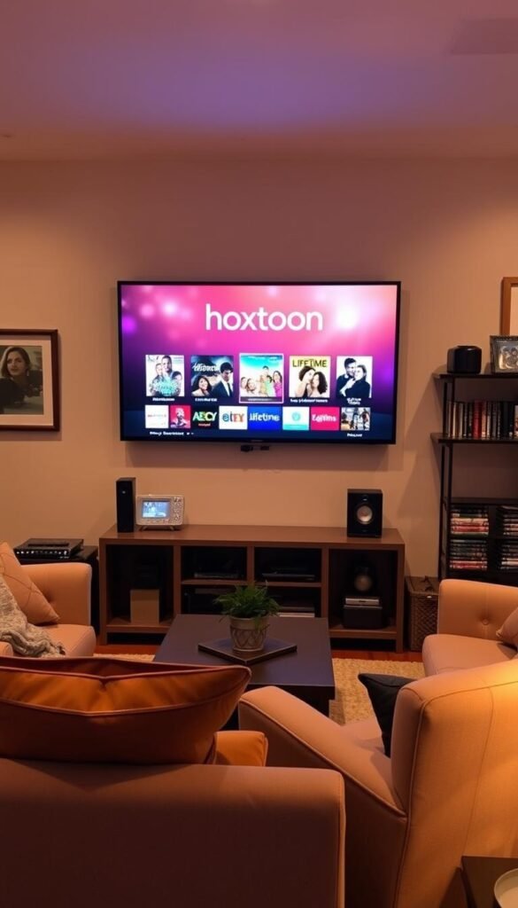 A cozy living room setting with a large flatscreen TV displaying the Hoxtoon Provider logo and various Lifetime movie titles. Soft, warm lighting illuminates the space, creating a comfortable and inviting atmosphere. In the foreground, a plush sofa and armchair provide seating, with a decorative coffee table in the center. On the walls, framed movie posters and shelves of Lifetime movie DVDs hint at the occupant's passion for the network's content. The overall scene conveys a sense of relaxation and enjoyment of Lifetime movies through the Hoxtoon IPTV service.