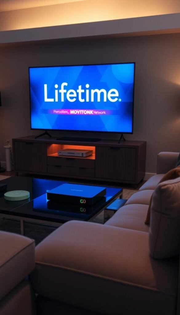 A cozy living room setting with a large flatscreen TV displaying the Lifetime Movie Network logo, surrounded by plush furniture and warm lighting. On a sleek media console, a Hoxtoon Provider IPTV box sits prominently, conveying the seamless integration of Lifetime content into a personalized home entertainment experience. Soft, muted tones create a inviting, relaxed atmosphere, perfectly suited for enjoying a captivating Lifetime movie marathon.